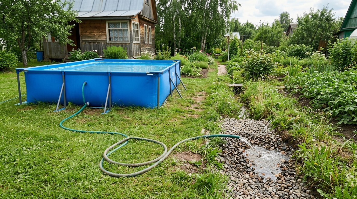 Слив воды из каркасного бассейна шлангом в дренажную канаву на участке