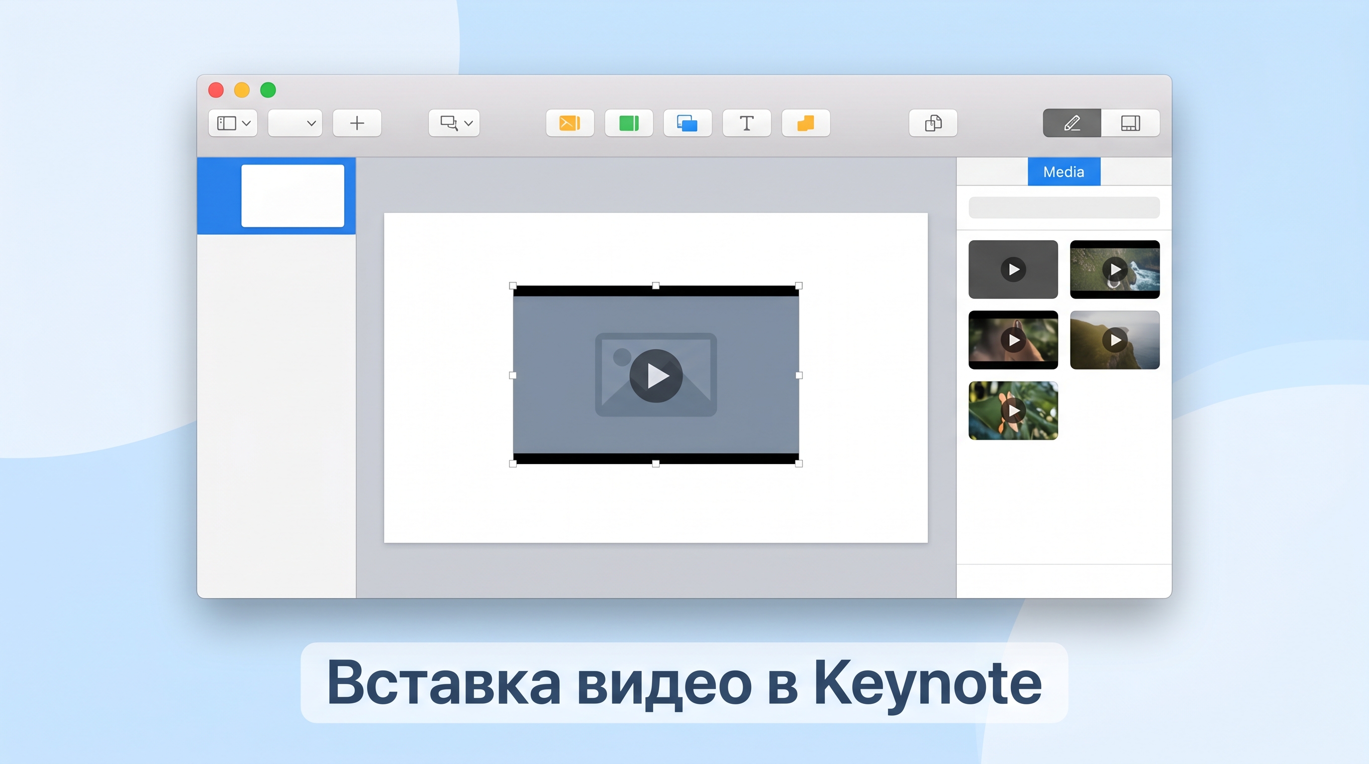 Интерфейс Apple Keynote на Mac с видео на слайде и панелью Media справа