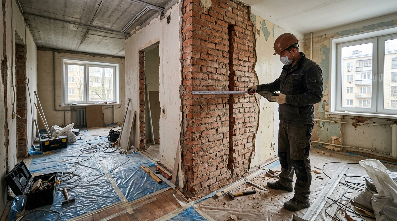 Несущая кирпичная стена в хрущёвке во время ремонта