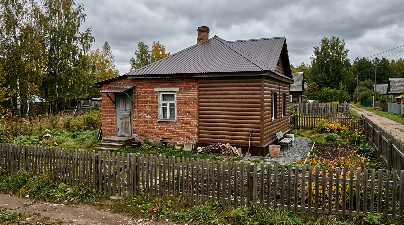 Кирпичный дом частично обшит металлическим блок-хаусом под бревно — контраст красного кирпича и коричневой имитации бревна