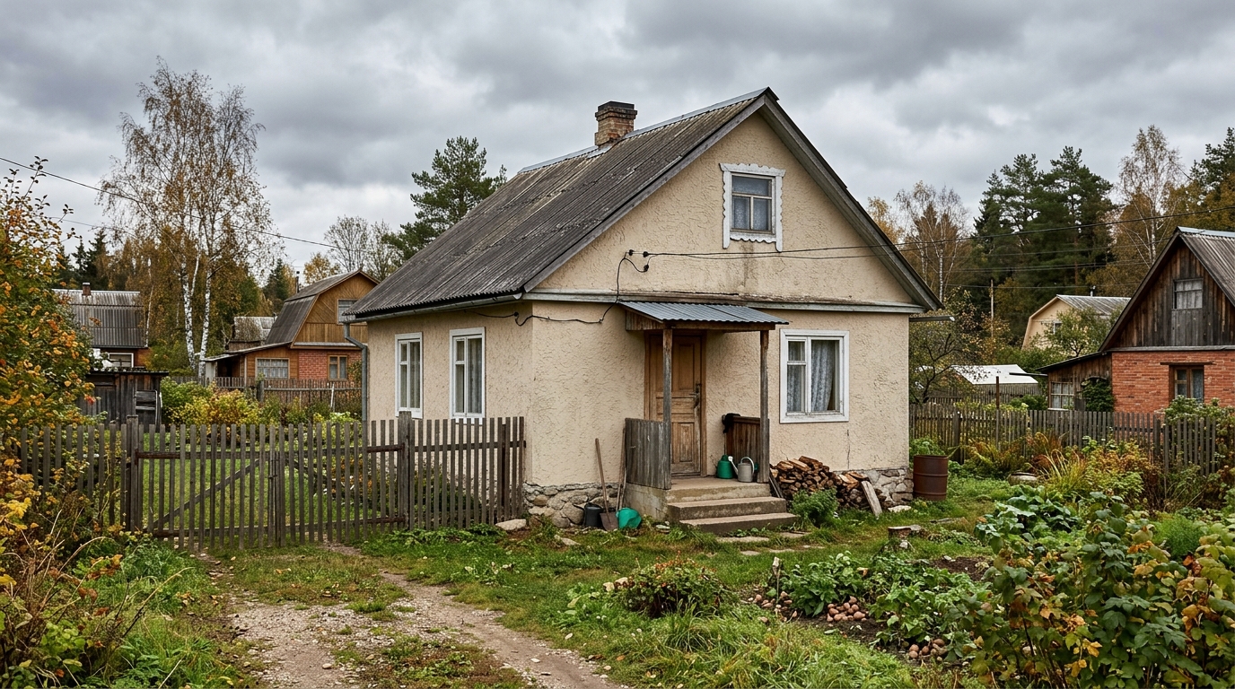 Старый кирпичный дом в российской деревне покрыт светло-бежевой декоративной штукатуркой короед