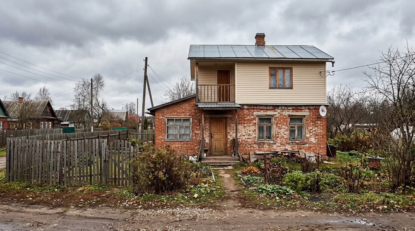 Кирпичный дом частично обшит виниловым сайдингом — верхний этаж уже закрыт, нижний ждёт своей очереди
