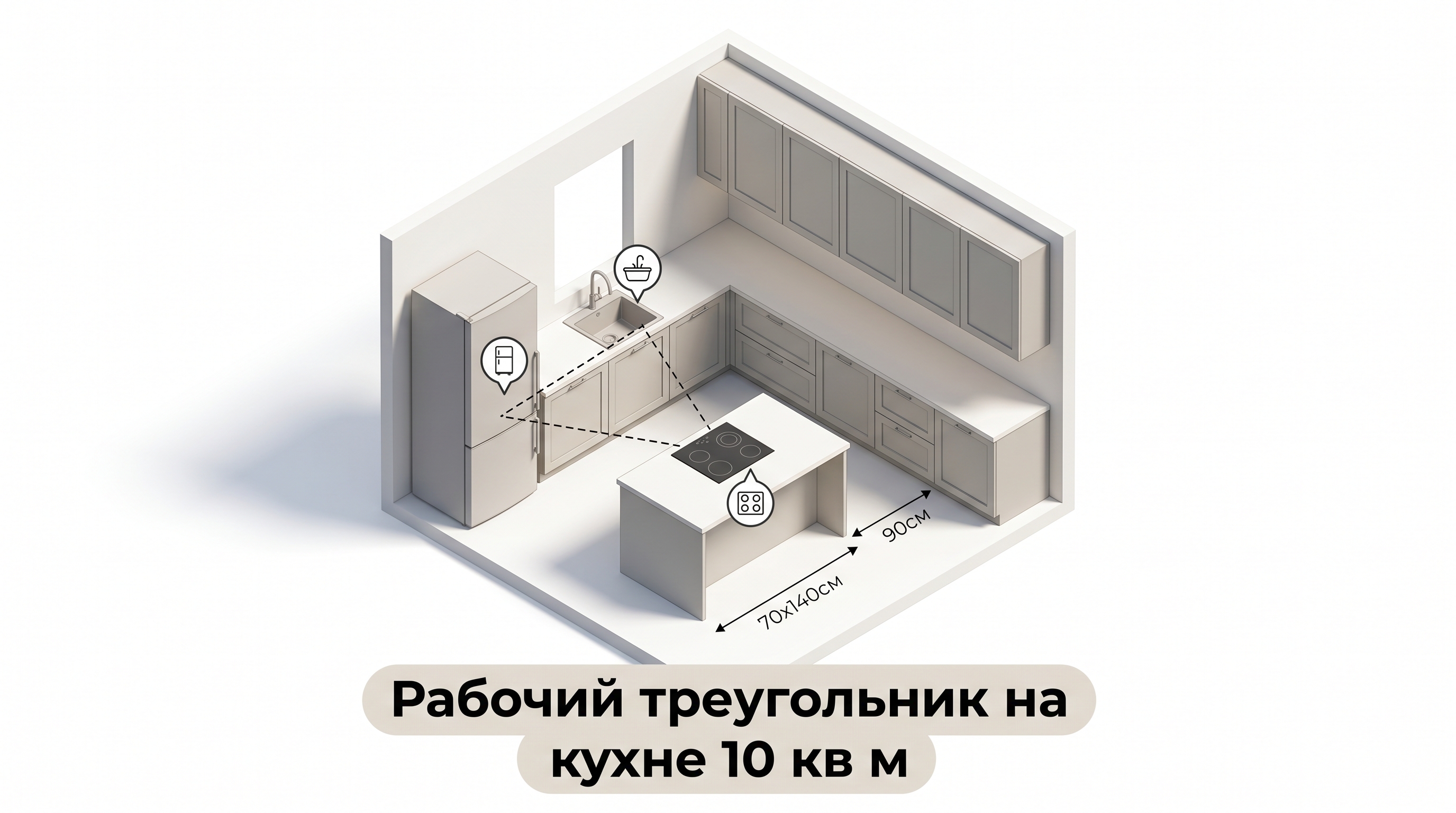 Рабочий треугольник на кухне 10 кв м с островом
