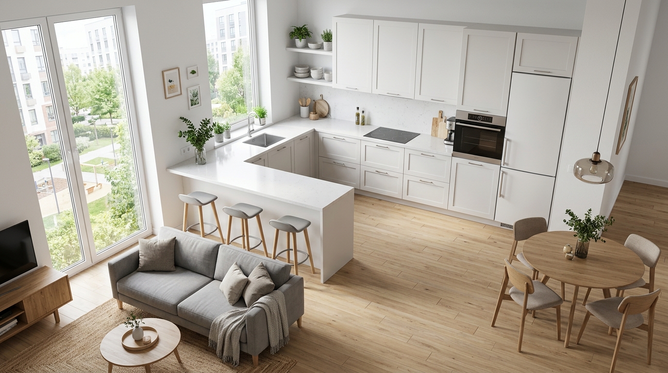 П-образная кухня в кухне-гостиной