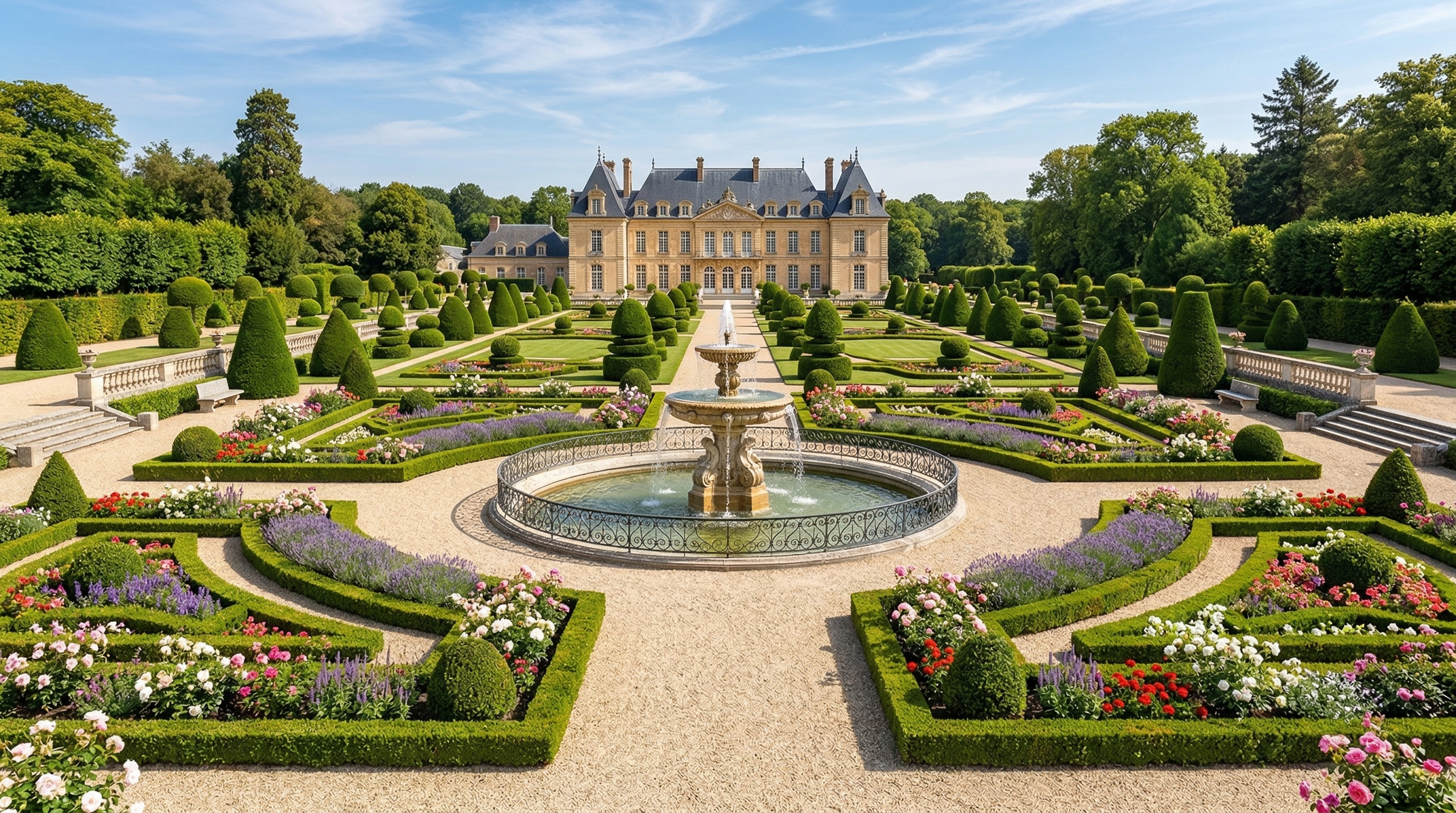 Классический регулярный сад с симметричными клумбами и фонтаном