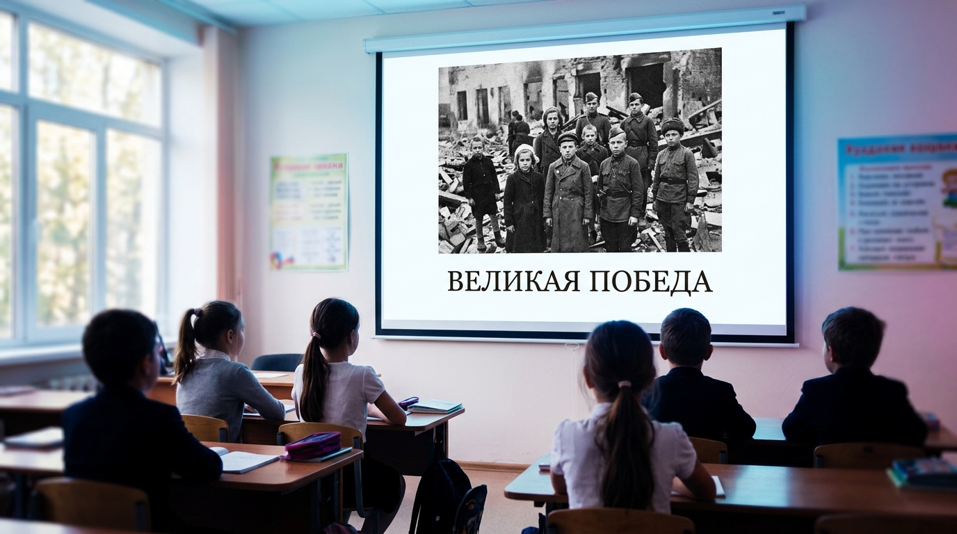 Слайд с исторической фотографией и короткой подписью на экране в классе