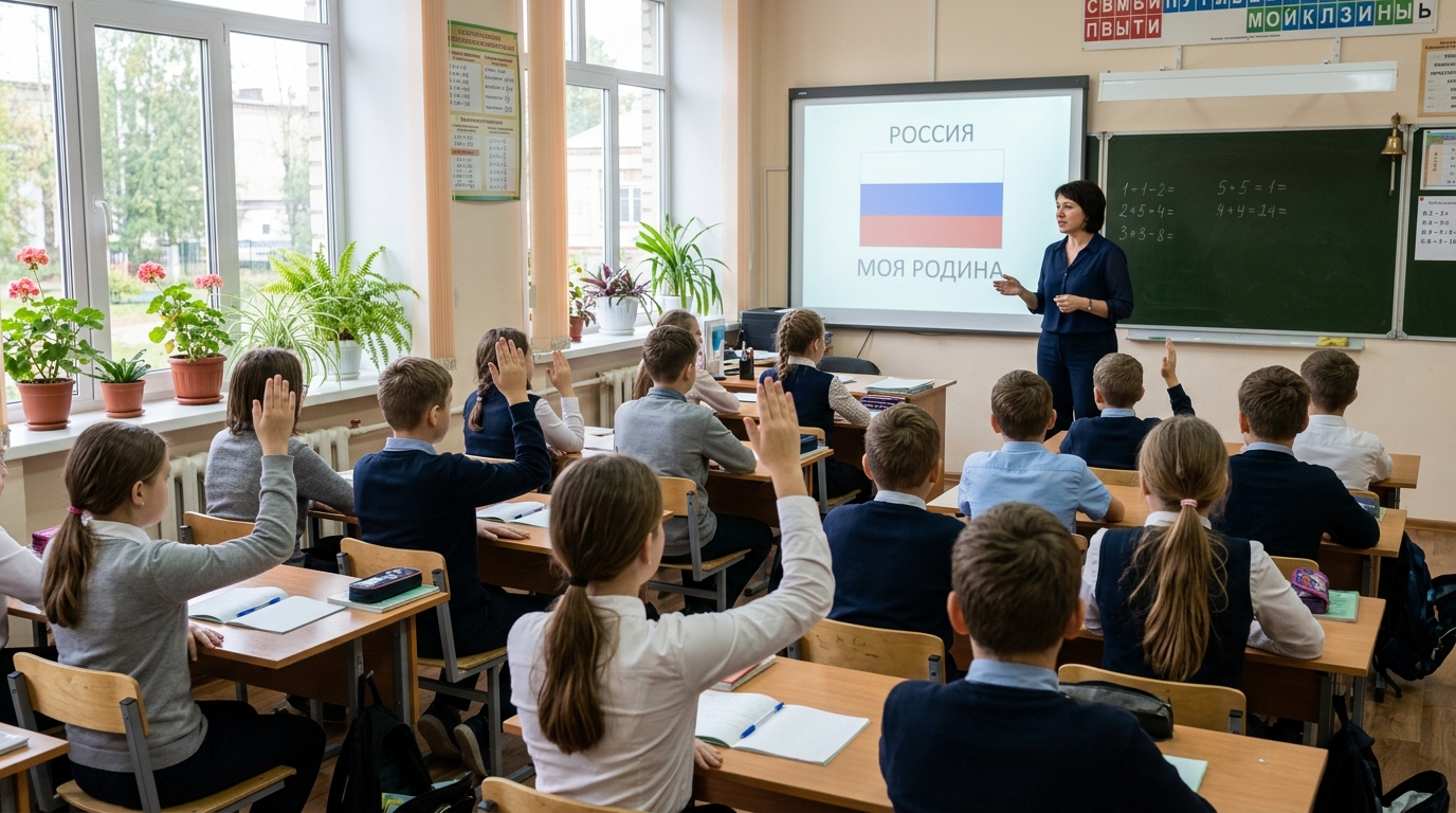 Классный час в школьном кабинете, на экране слайд, ученики поднимают руки