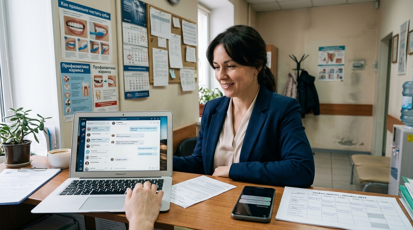 Администратор клиники работает с чат-ботом на ноутбуке