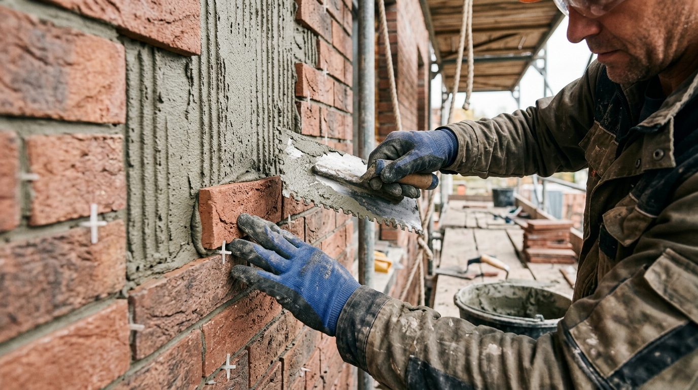 Процесс монтажа клинкерной плитки на фасад дома