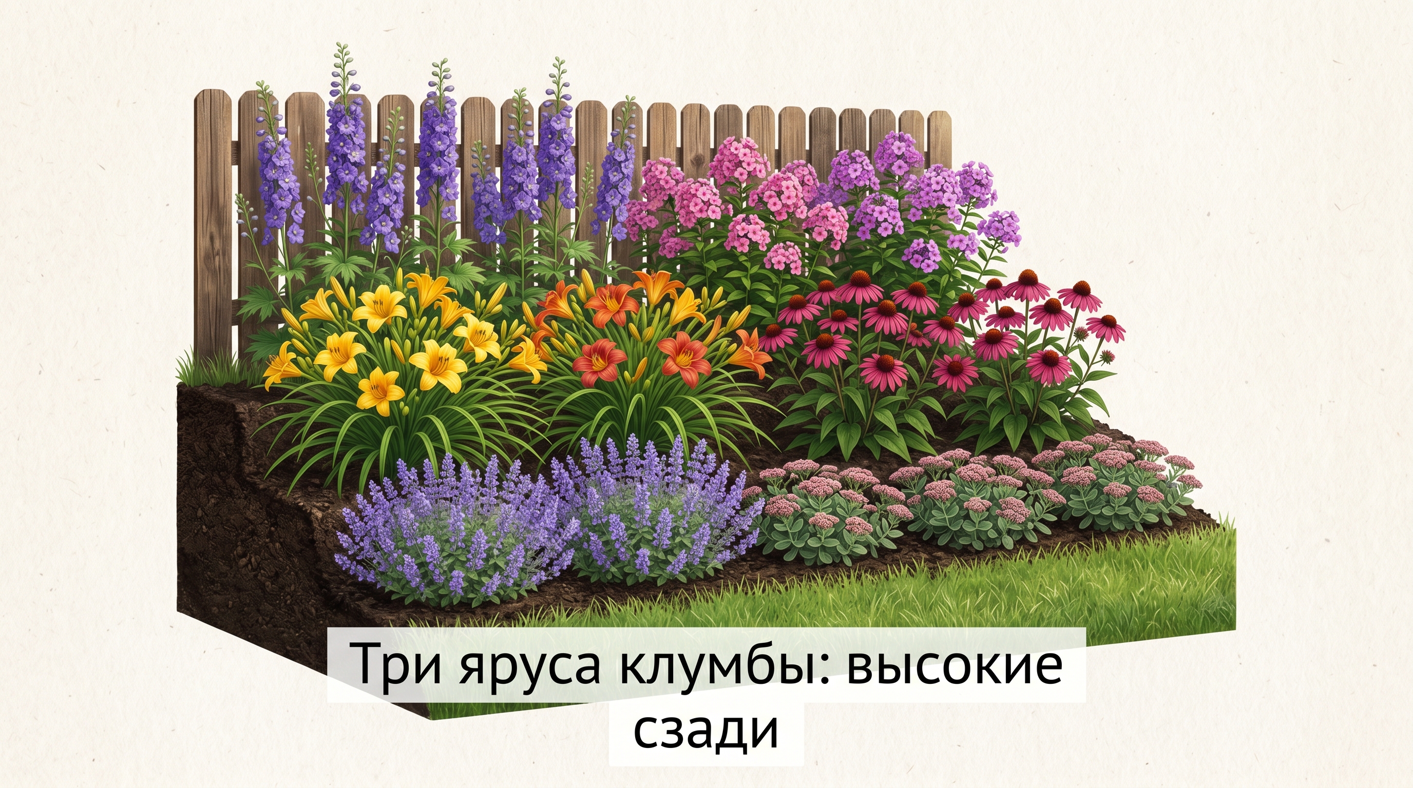 Три яруса клумбы: высокие растения сзади, средние в центре, низкие спереди