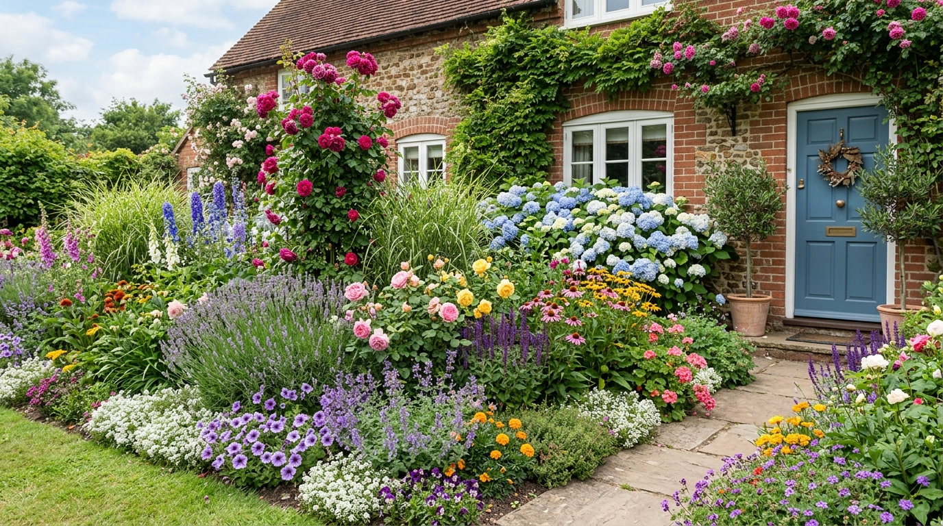 Миксбордер перед домом с розами, гортензиями и лавандой