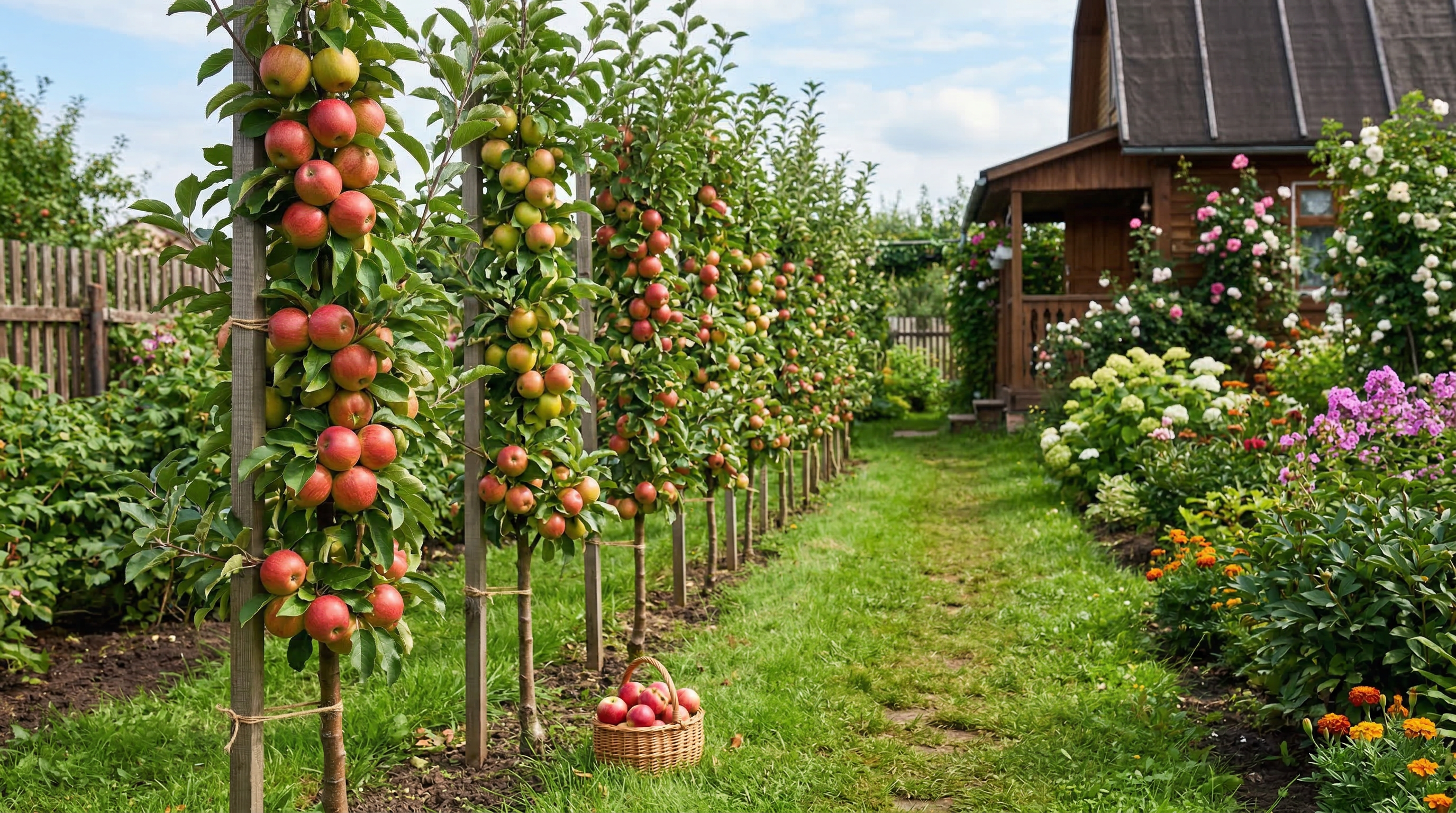 Ряд колонновидных яблонь в саду — компактные деревья для маленького участка