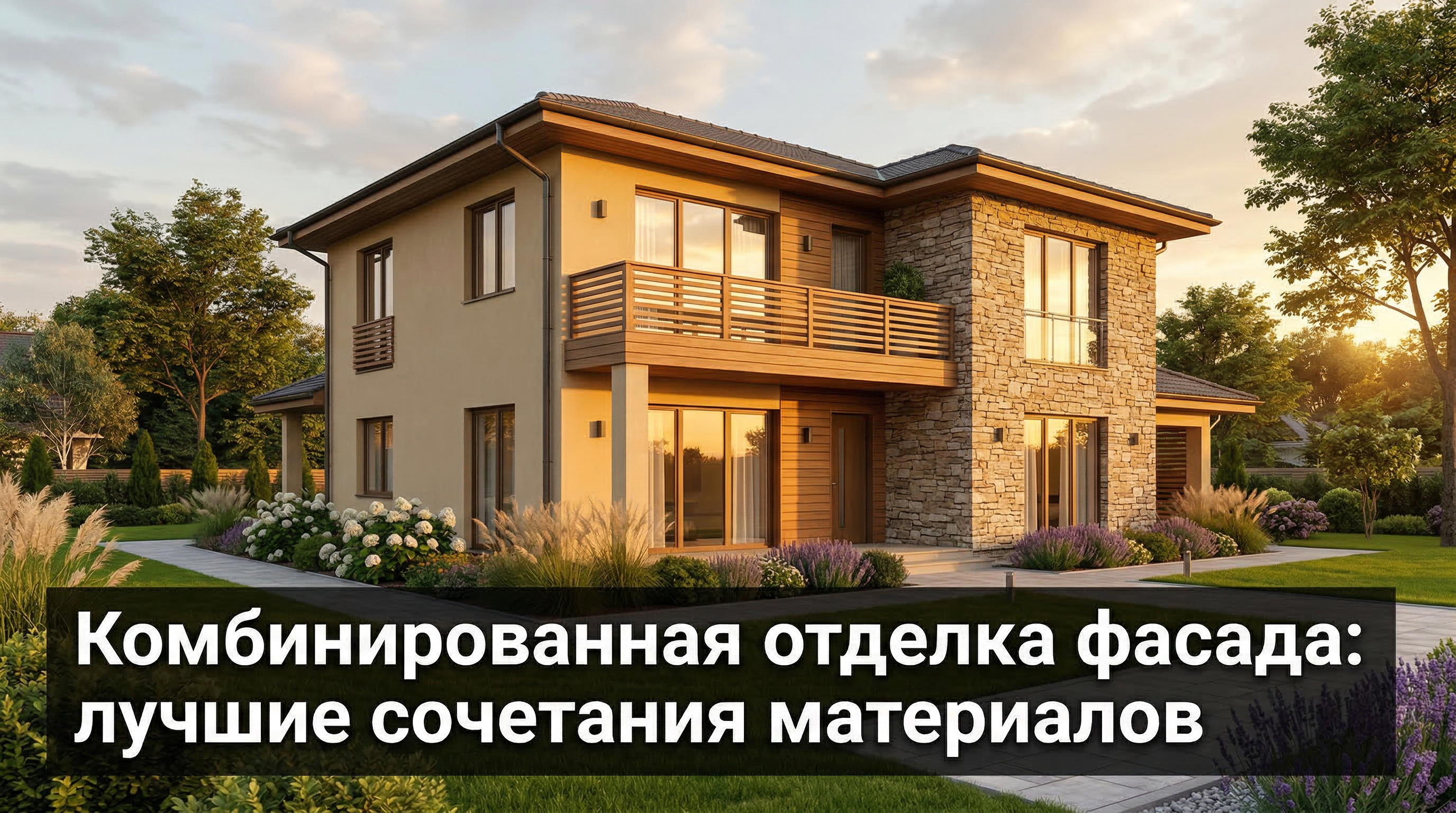 Комбинированный фасад частного дома — сочетание штукатурки, камня, кирпича и дерева