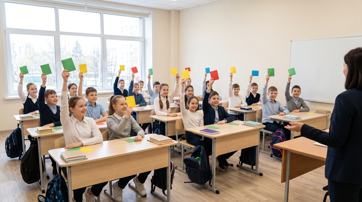 Семиклассники поднимают зеленые, желтые и красные карточки на этапе рефлексии