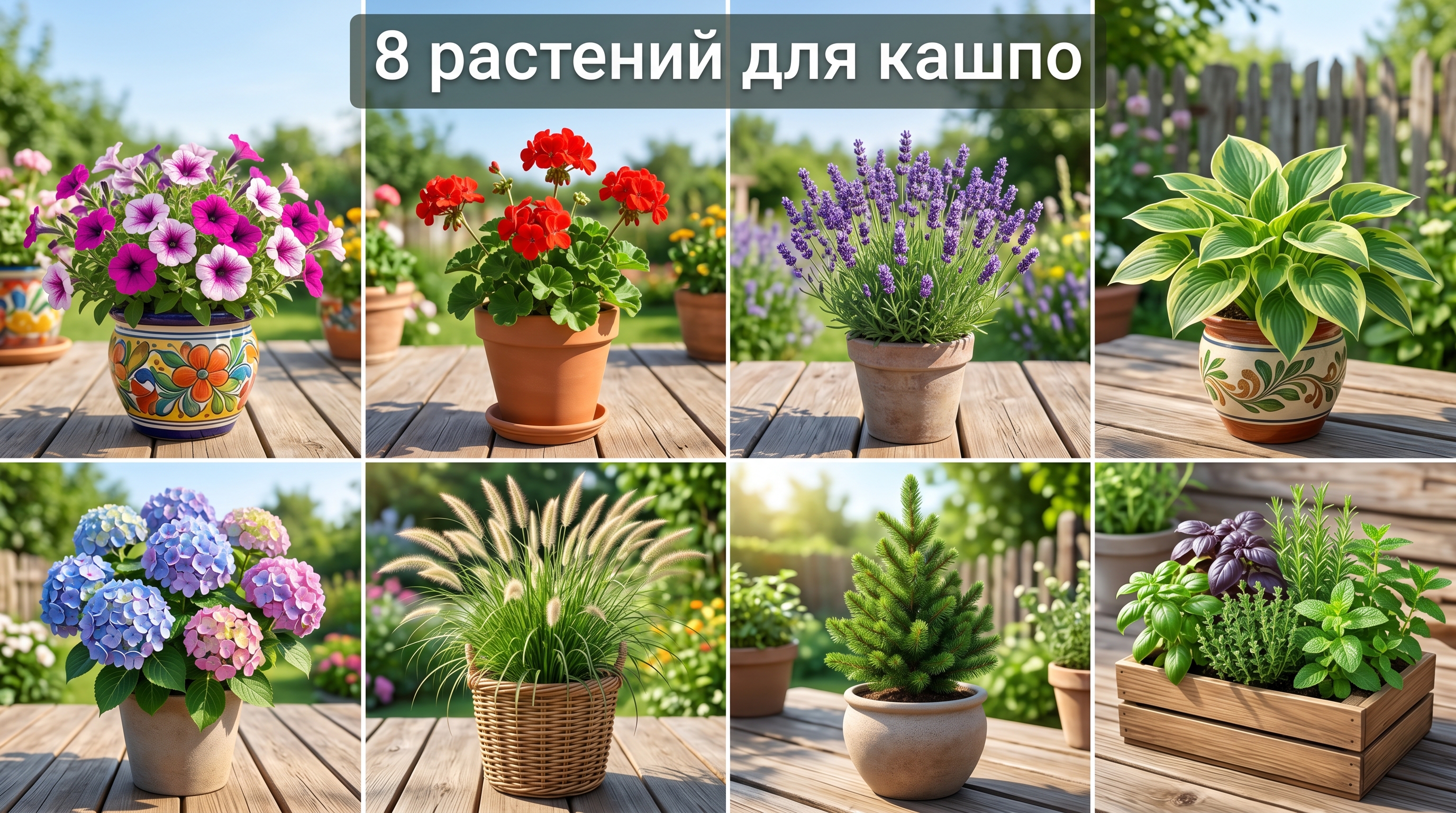 8 растений для кашпо: петунии, пеларгония, лаванда, хоста, гортензия, злаки, хвойные, травы