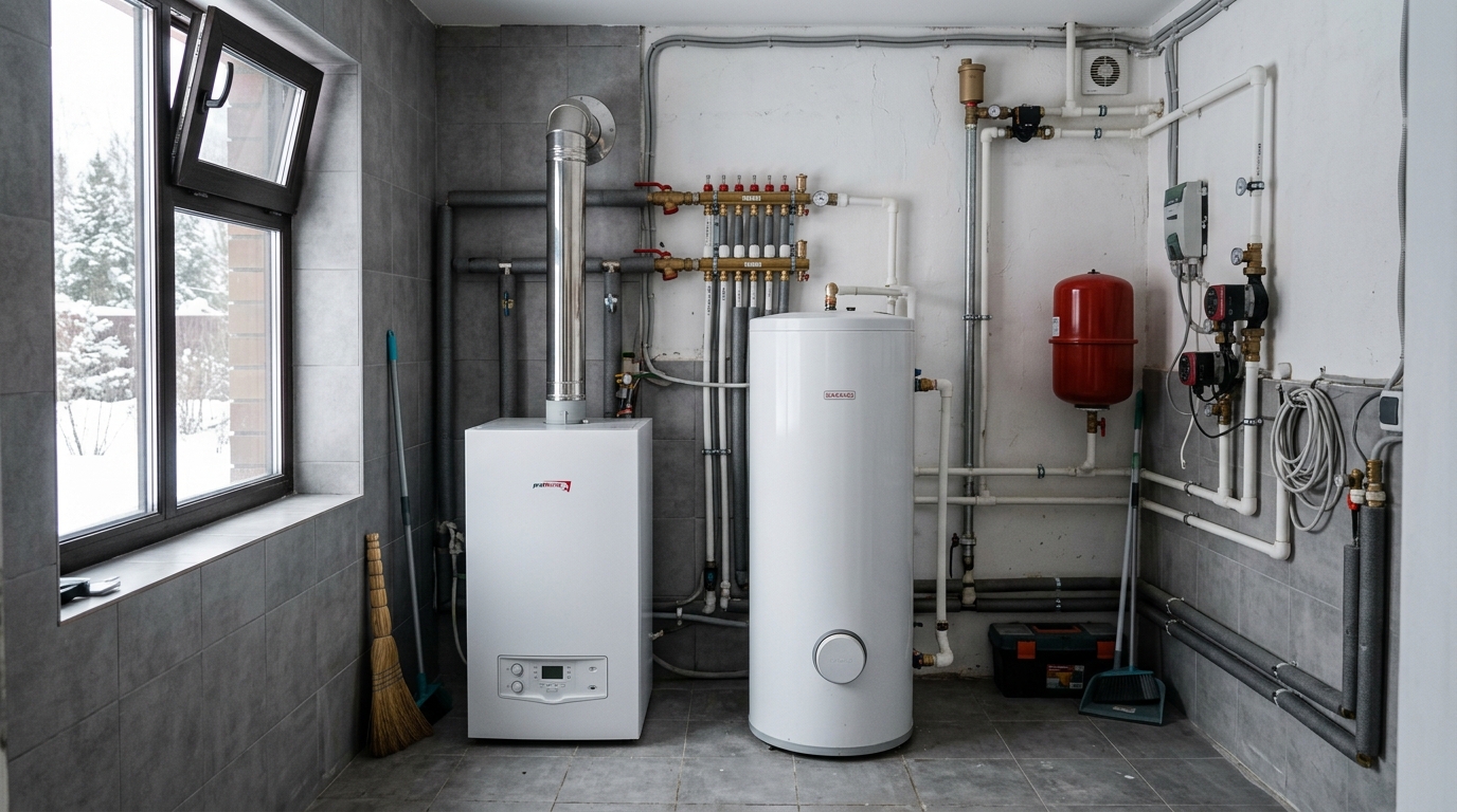 Котельная 6 кв м с напольным газовым котлом и бойлером косвенного нагрева