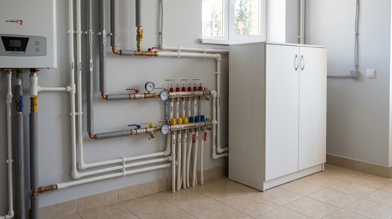Аккуратная разводка труб и закрытый шкаф для инструмента в котельной