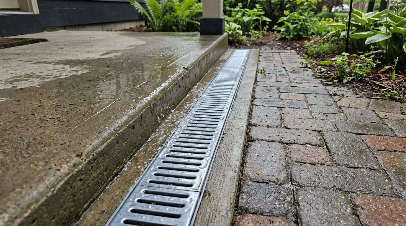 Водоотводный лоток и уклон площадки крыльца частного дома
