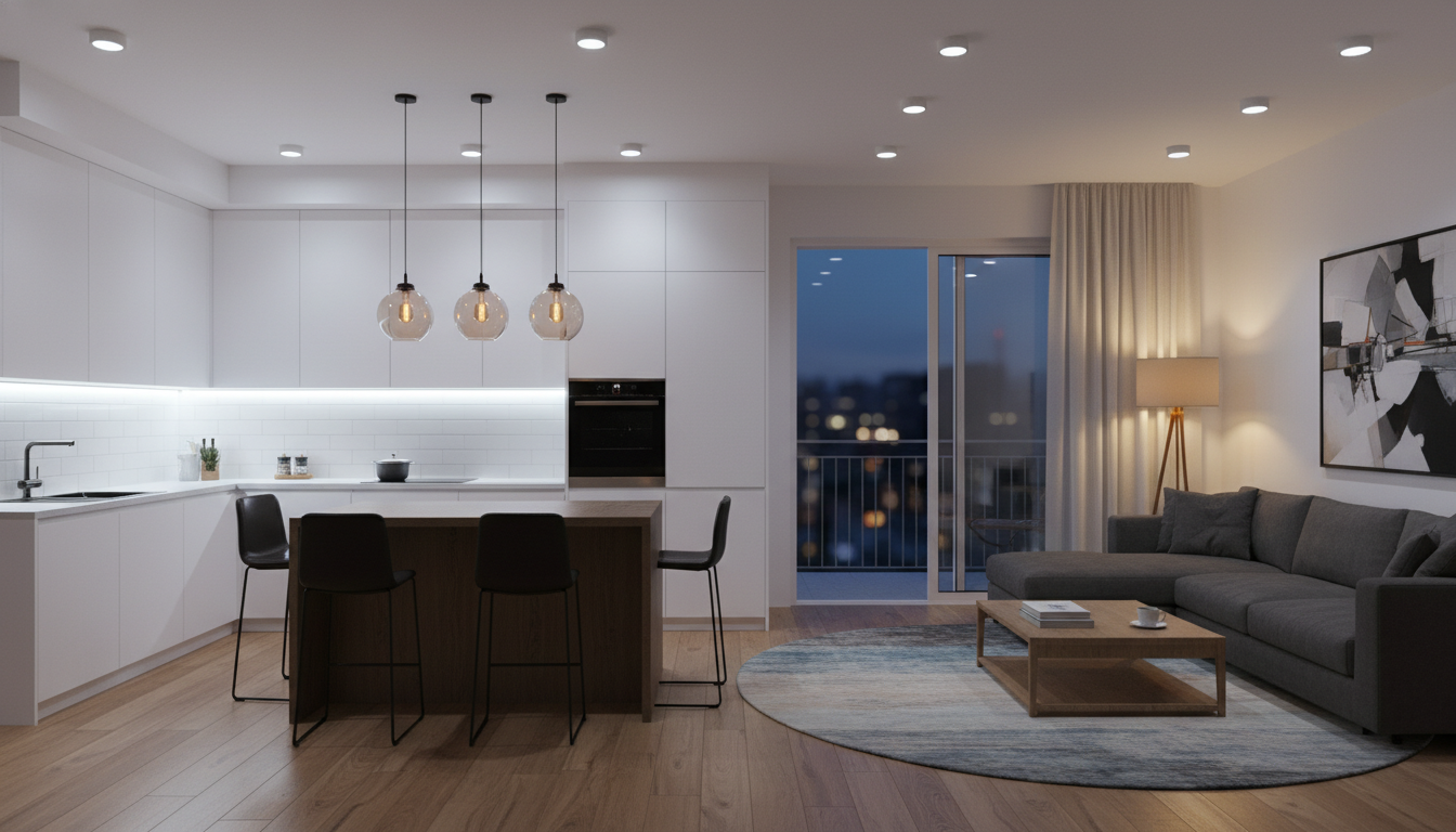 Кухня-гостиная с многоуровневым освещением: LED-подсветка кухни, подвесы над островом, настольная лампа в гостиной зоне