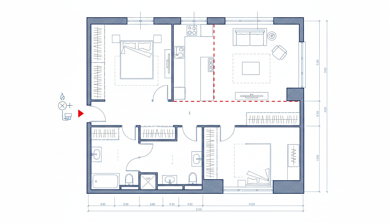 Пример планировки квартиры с обозначением зоны перепланировки кухни и гостиной