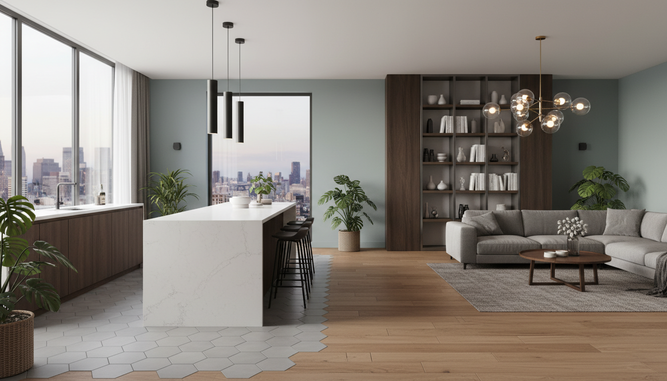Пример зонирования кухни-гостиной: остров как разделитель, разное напольное покрытие и подвесные светильники