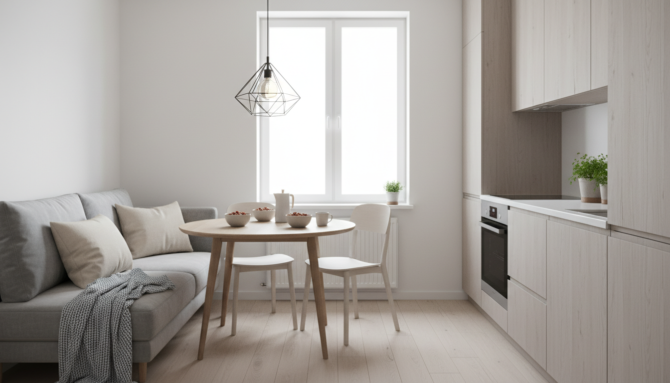 Кухня 10 квадратных метров с компактным диваном и обеденным столом