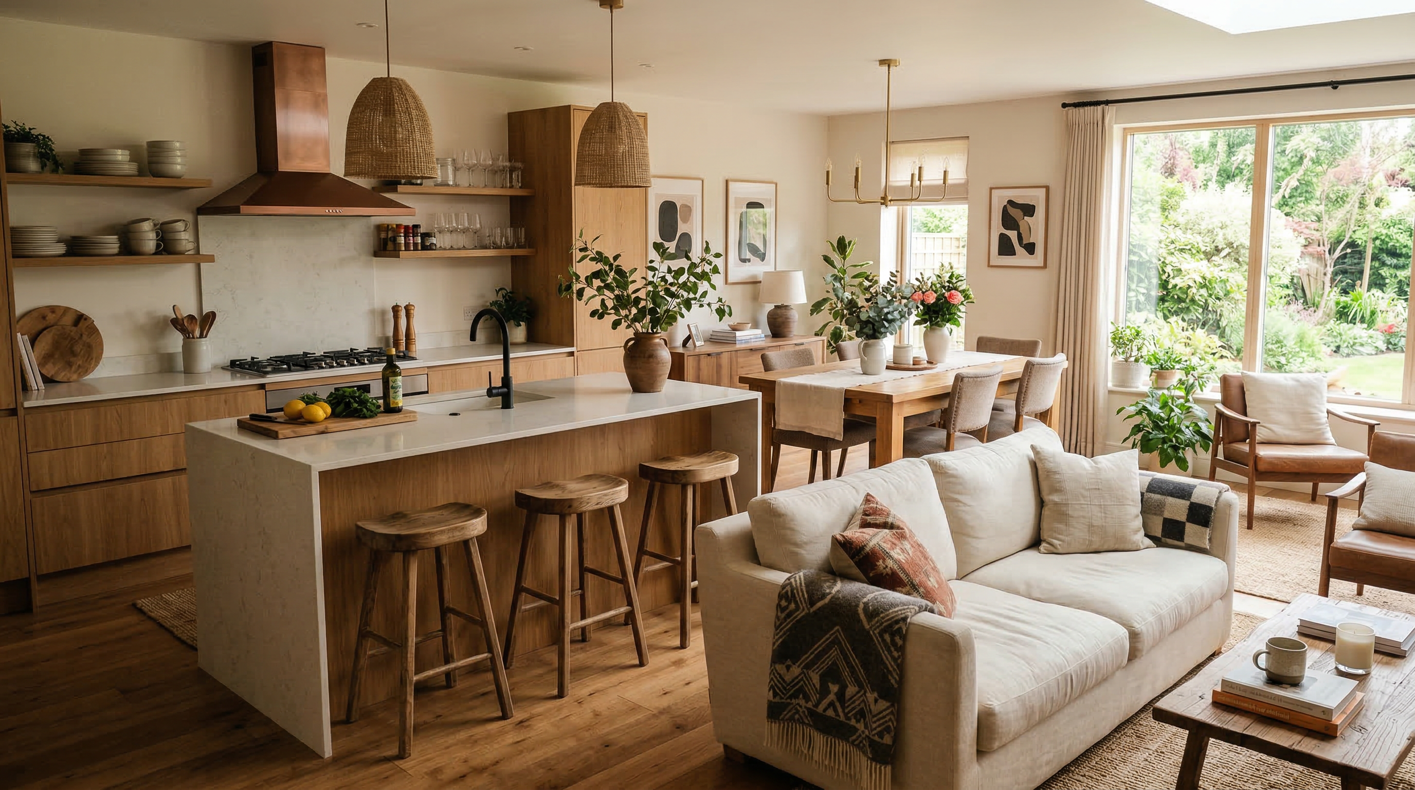 Кухня-гостиная — остров разделяет зоны, единая палитра, обеденный стол