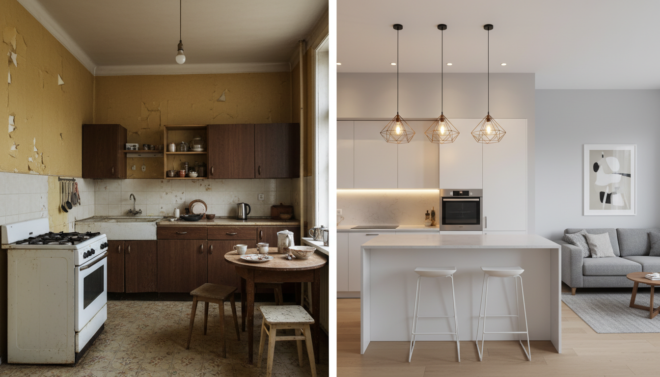 До и после объединения кухни и гостиной — старая советская кухня и современное открытое пространство