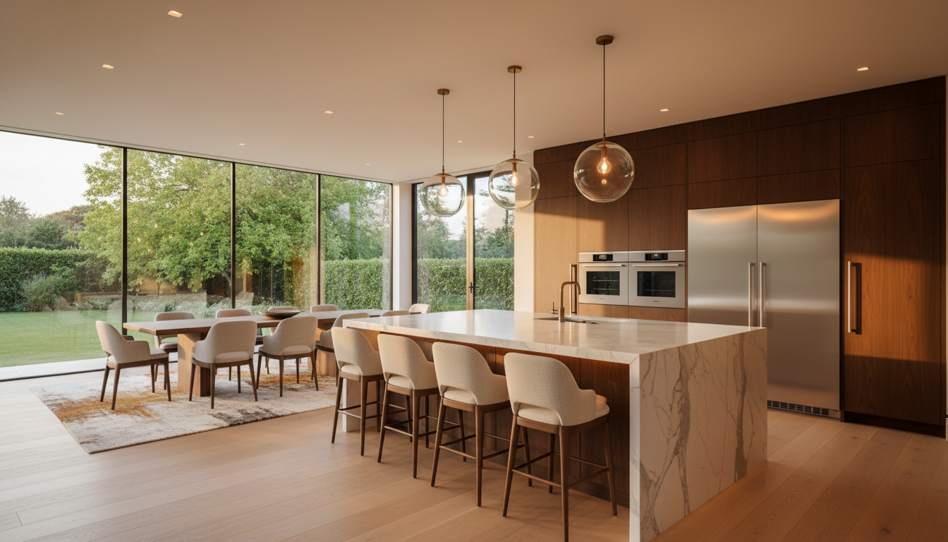 Современная кухня-столовая в частном доме: остров с мраморной столешницей, панорамные окна с видом на сад