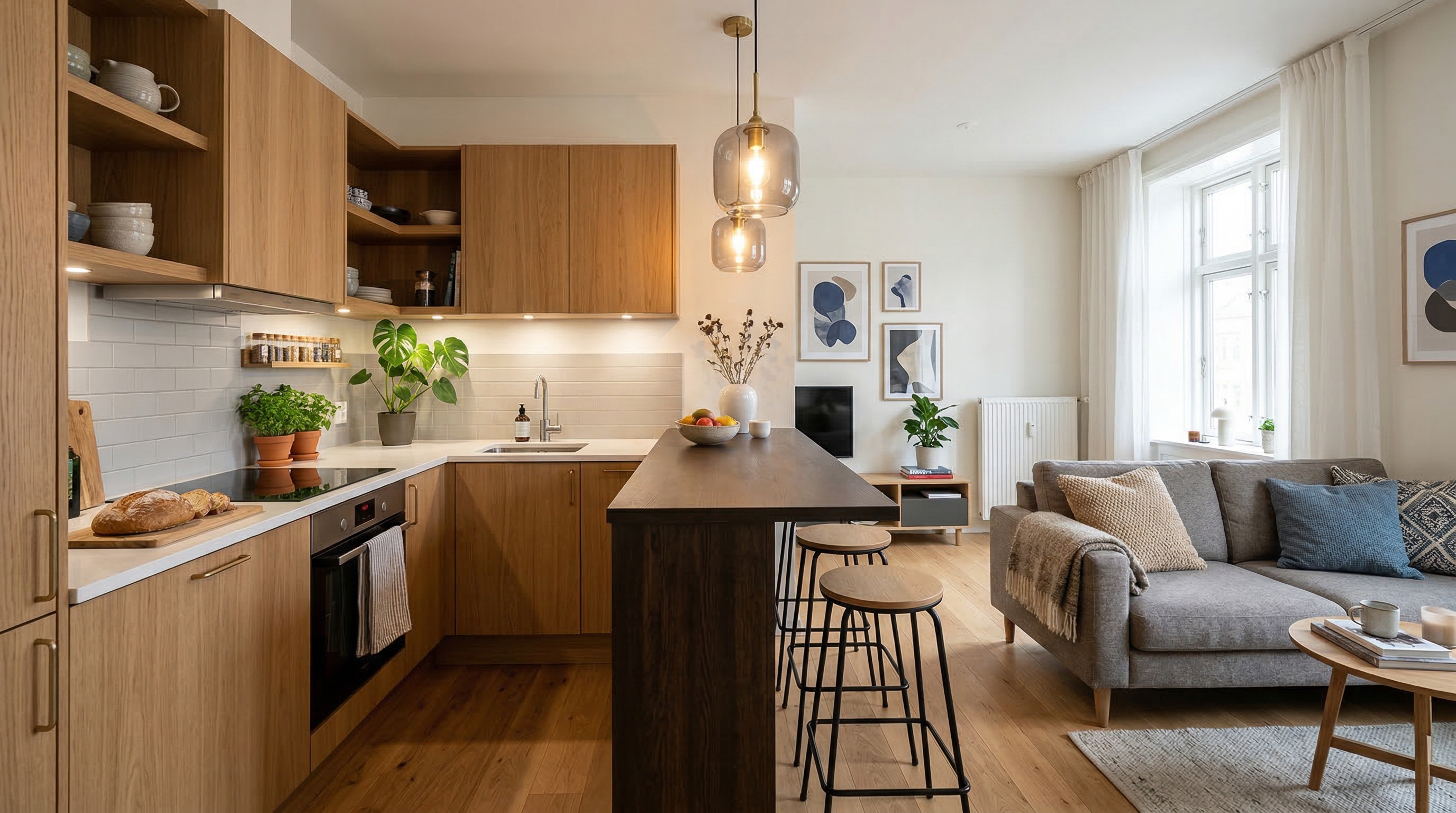 Кухня-гостиная в однушке 35 кв. м с барной стойкой