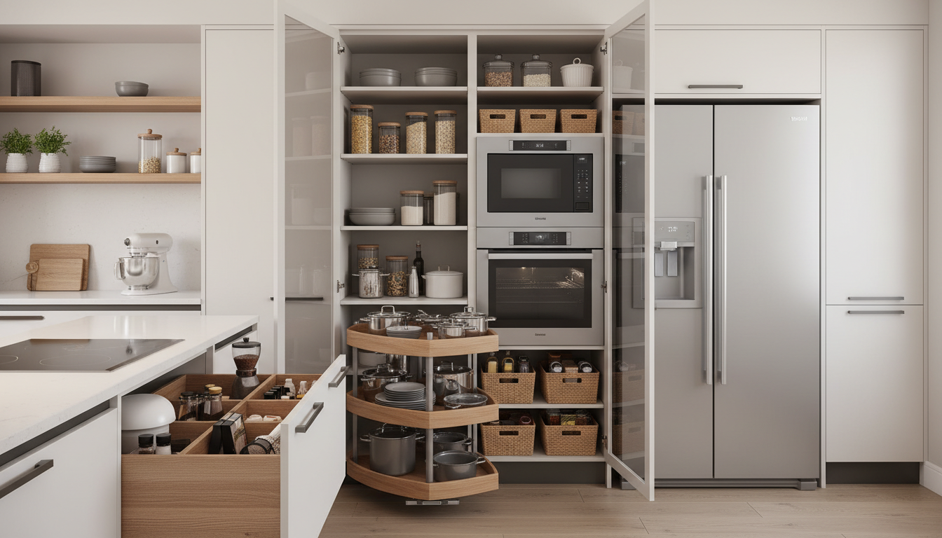 Системы хранения для кухни: выдвижные ящики, органайзеры, высокие пеналы