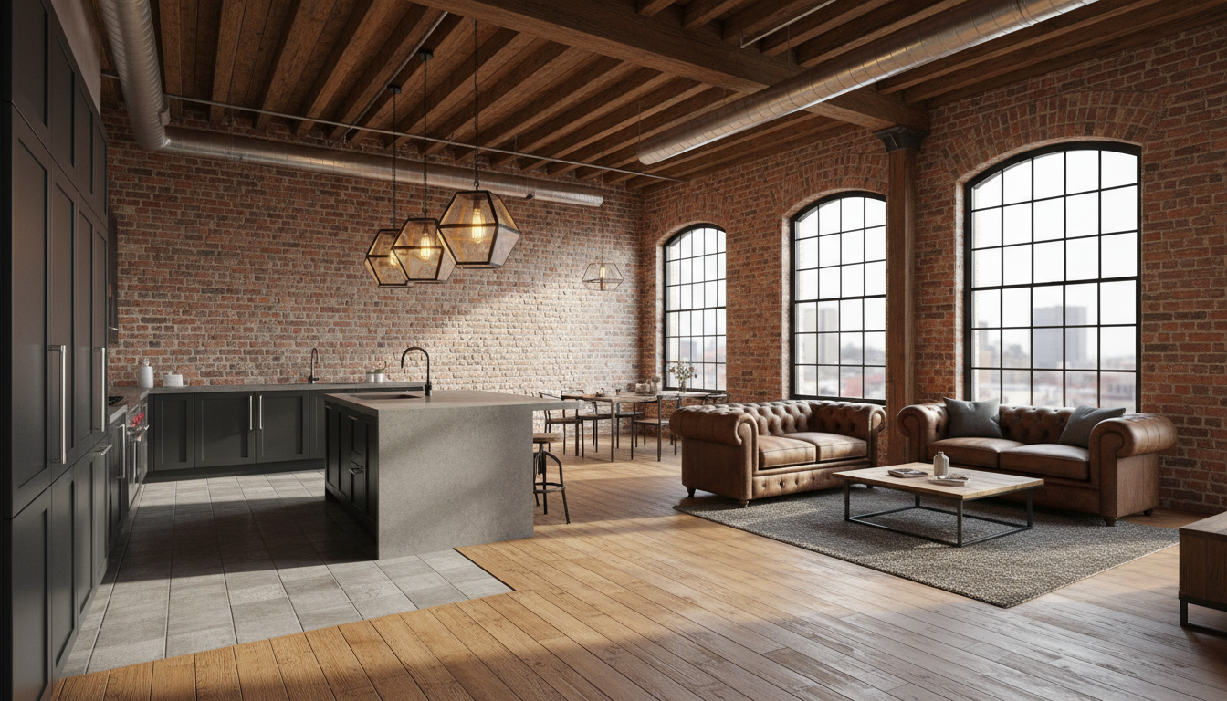 Кухня-гостиная в стиле лофт с островом и зонированием