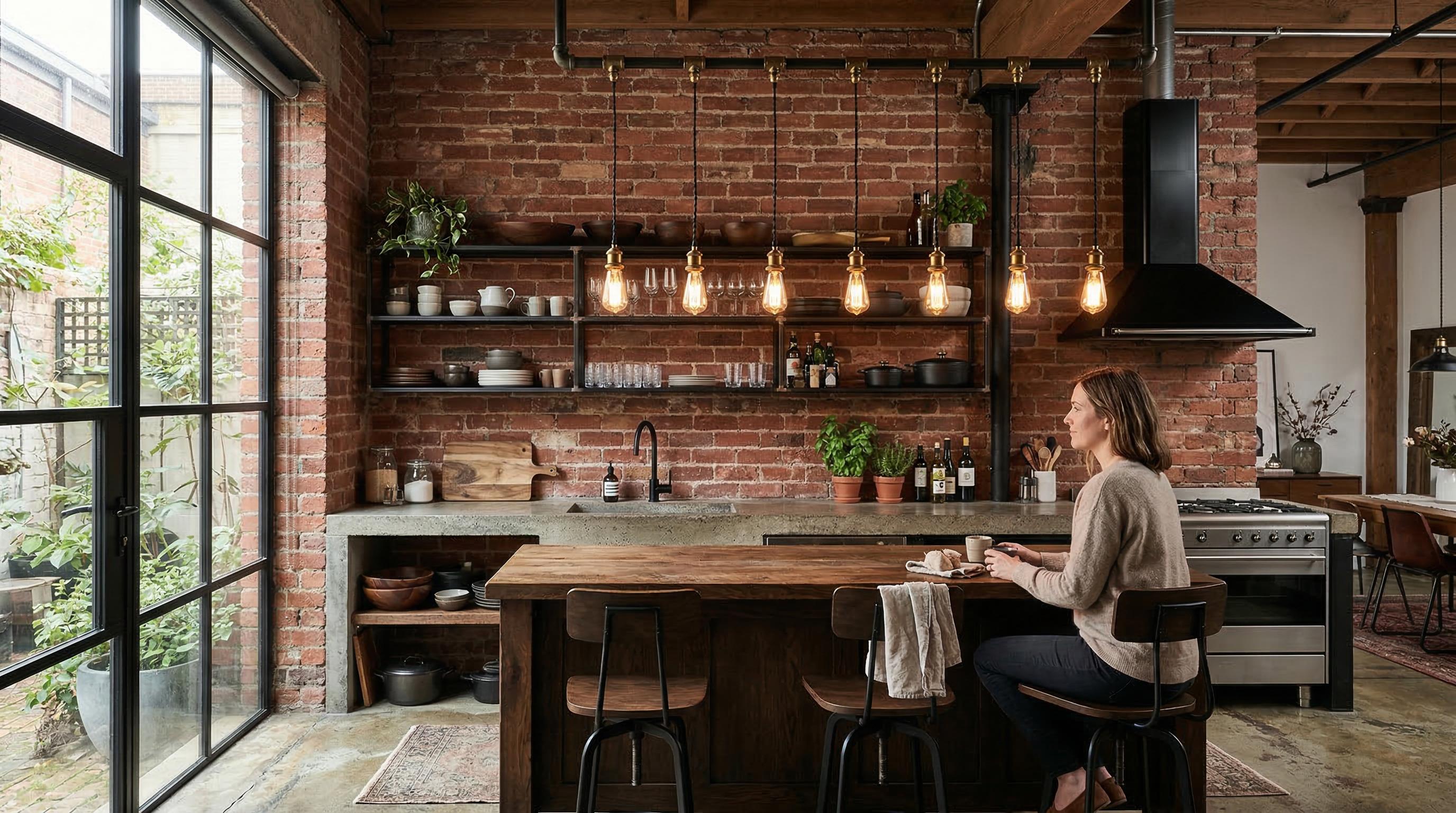 Кухня в стиле лофт — кирпичная стена, бетонная столешница, металлические полки