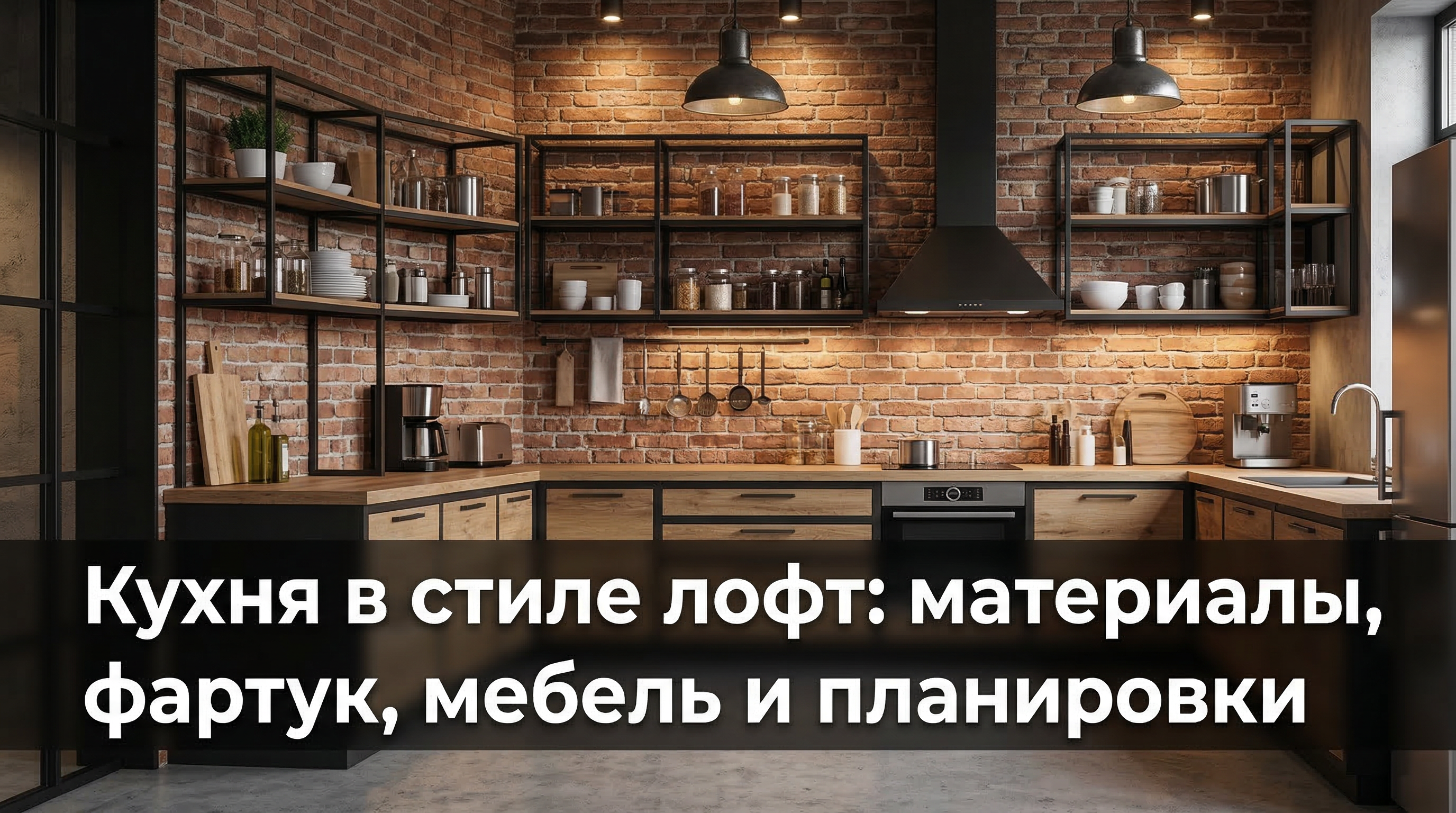 Кухня в стиле лофт — кирпичные стены, металлические полки, индустриальные светильники