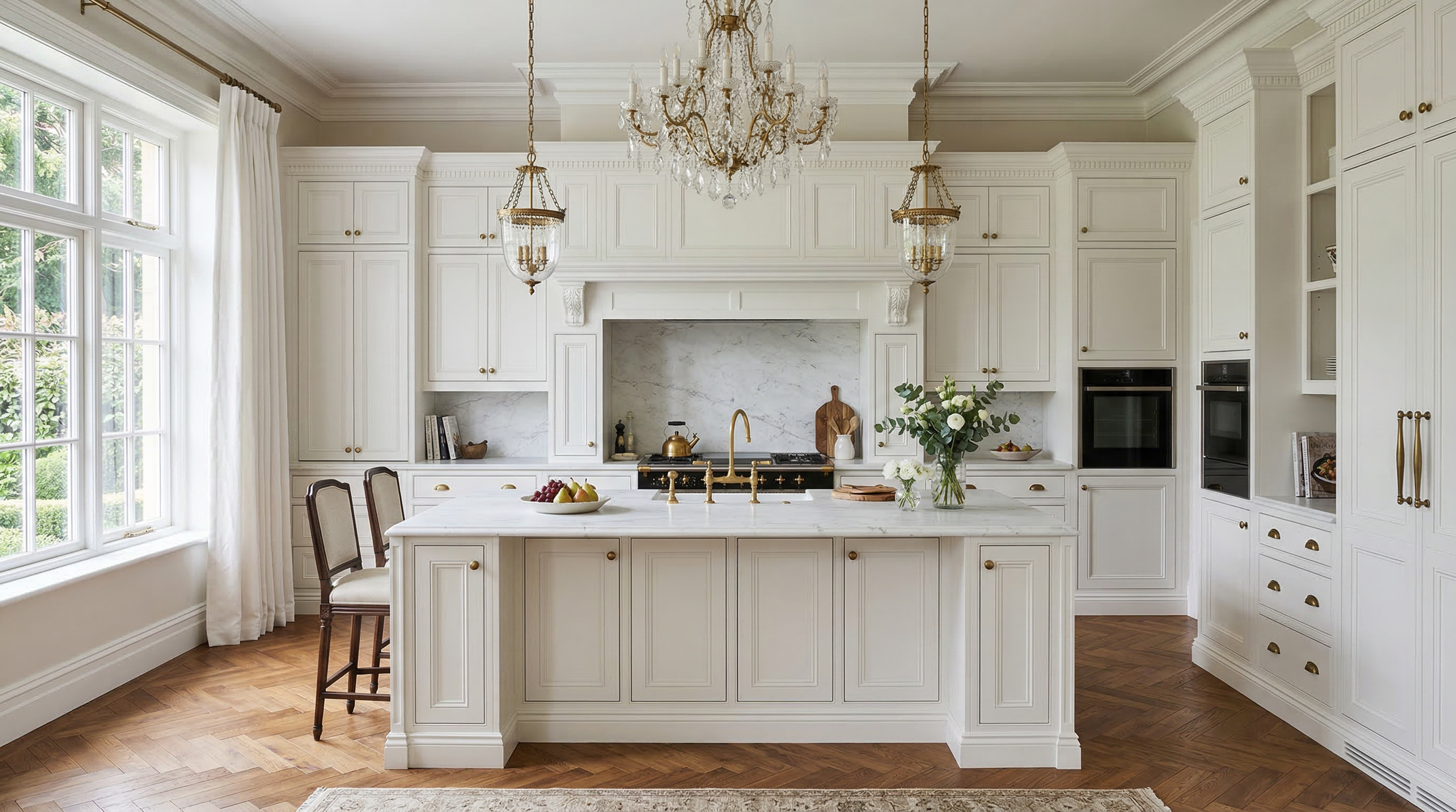 Кухня в стиле неоклассика — белые фасады с филёнками, мраморная столешница, латунные ручки