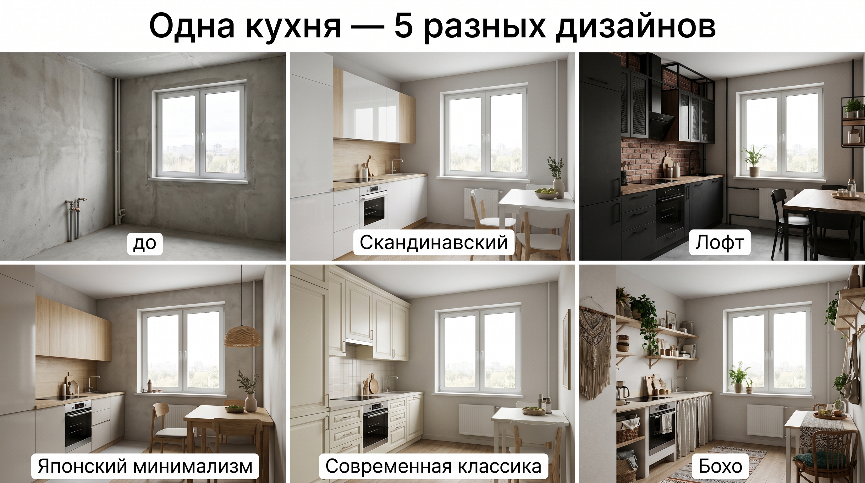 Одна и та же кухня в новостройке в шести вариантах: пустая и в пяти стилях