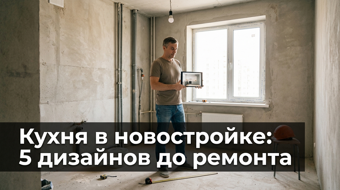 Пустая кухня в новостройке: бетонные стены, торчащие трубы, нет мебели