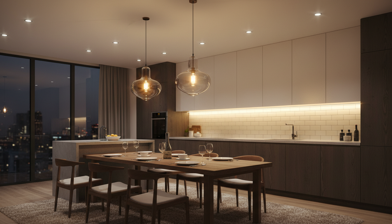Многоуровневое освещение кухни: подвесы, LED-подсветка, точечные светильники