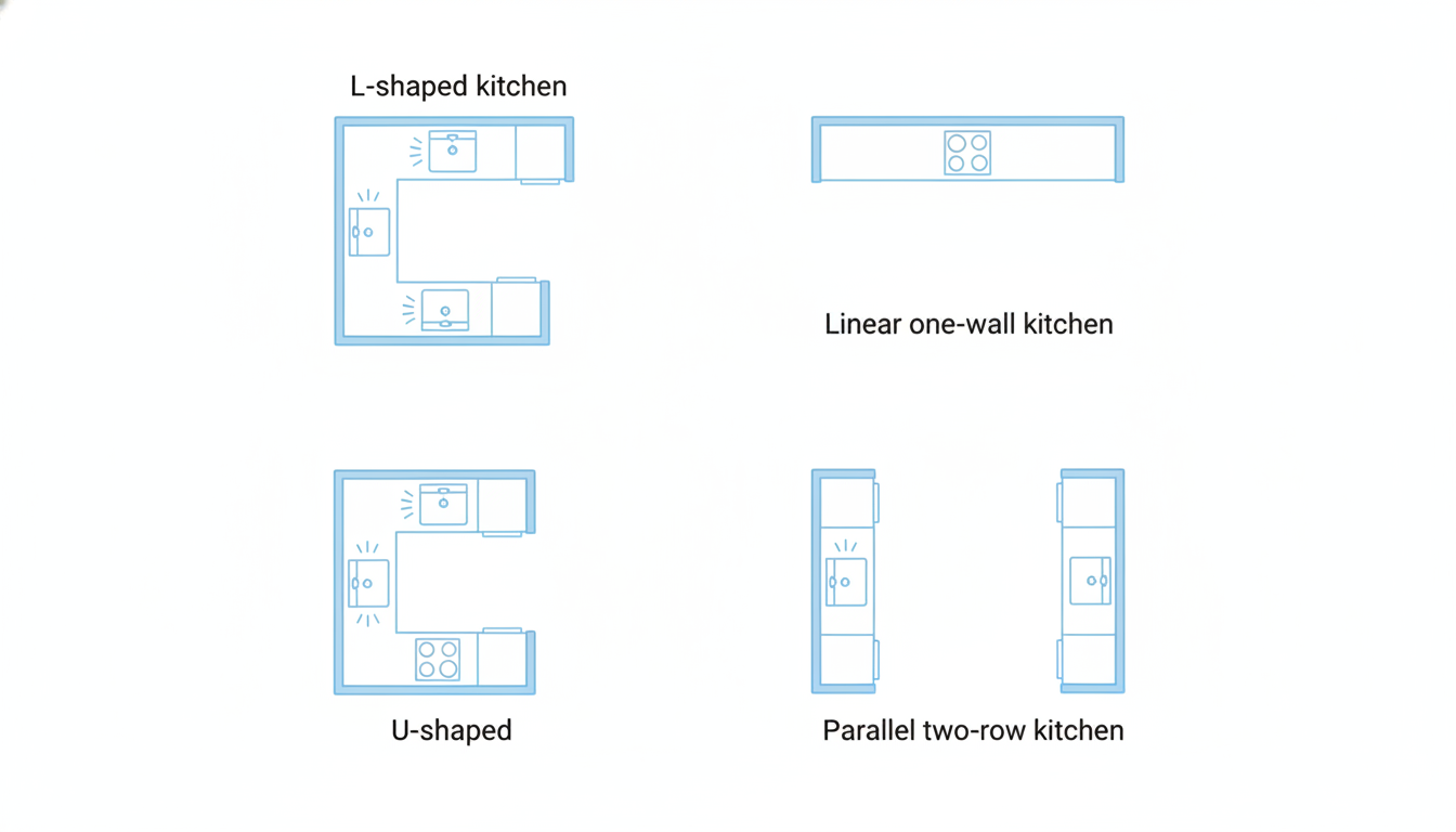 Варианты планировок кухни: Г-образная, линейная, П-образная, параллельная