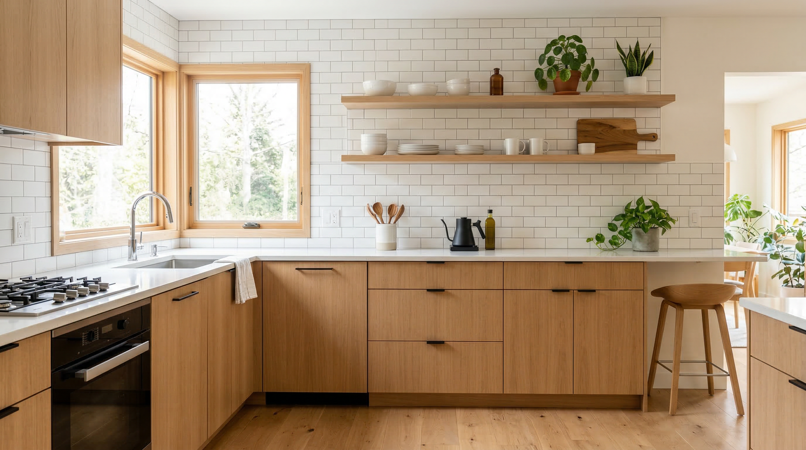Кухня в скандинавском стиле — светлое дерево, белая плитка, открытые полки, зелень