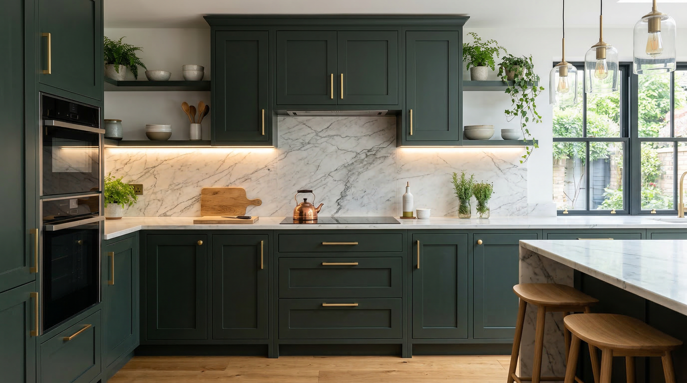 Кухня в современном стиле — тёмно-зелёные фасады, мраморный фартук, встроенная подсветка