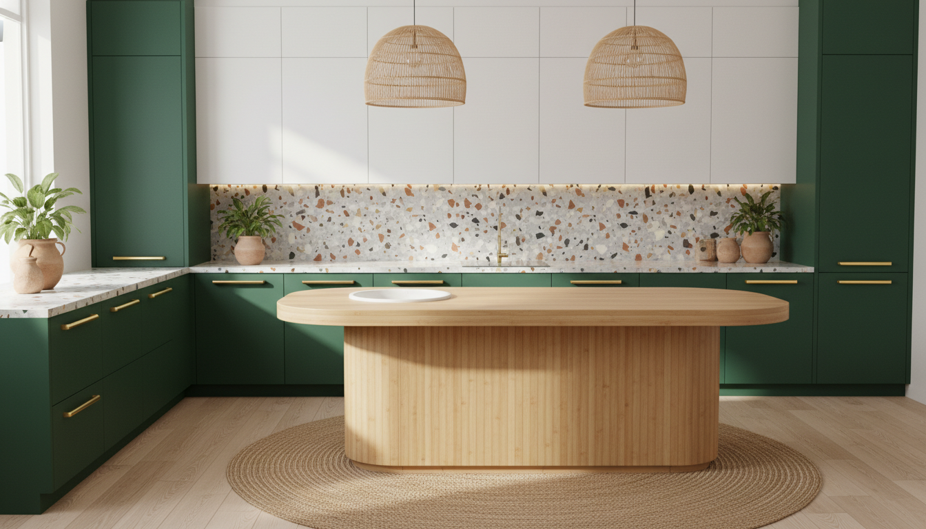 Трендовый дизайн кухни 2026: тёмно-зелёные фасады, мрамор, латунная фурнитура
