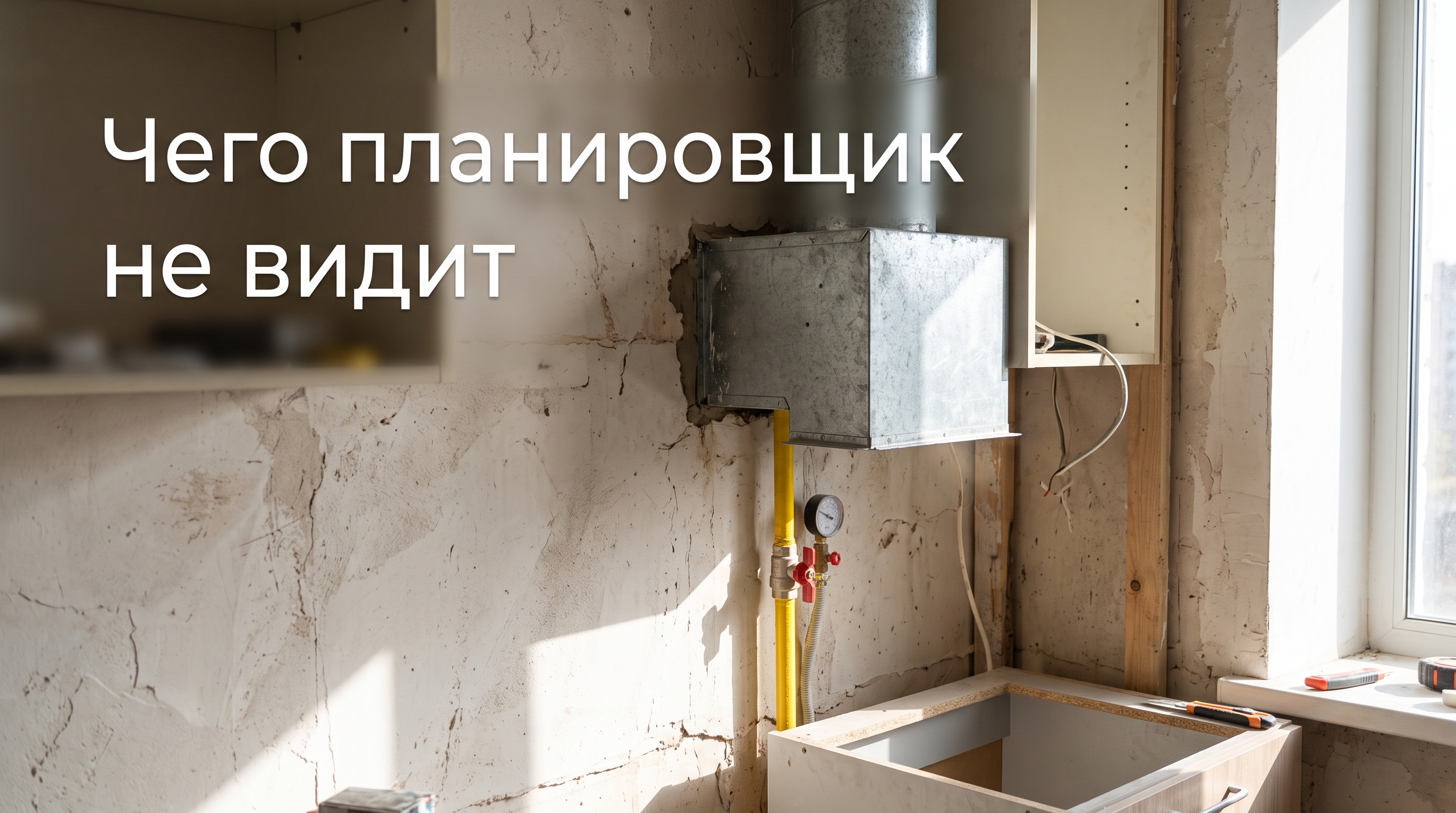 Вентканал, газовая труба и неровная стена на кухне во время ремонта