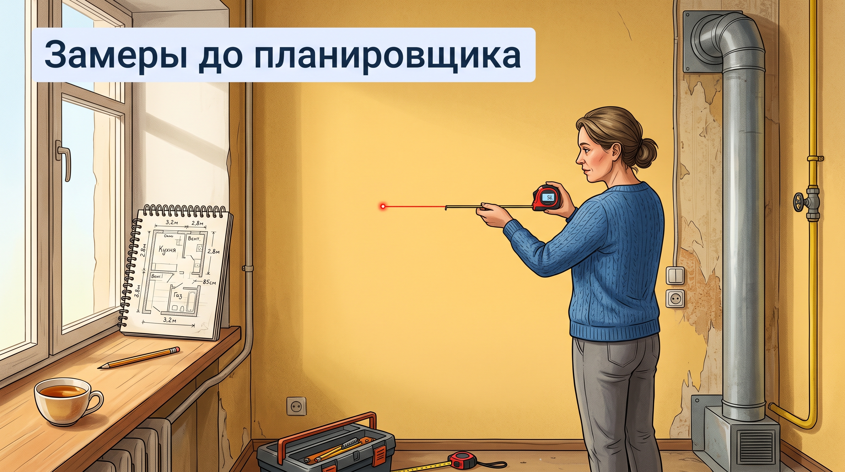 Замеры кухни рулеткой перед работой в онлайн-планировщике