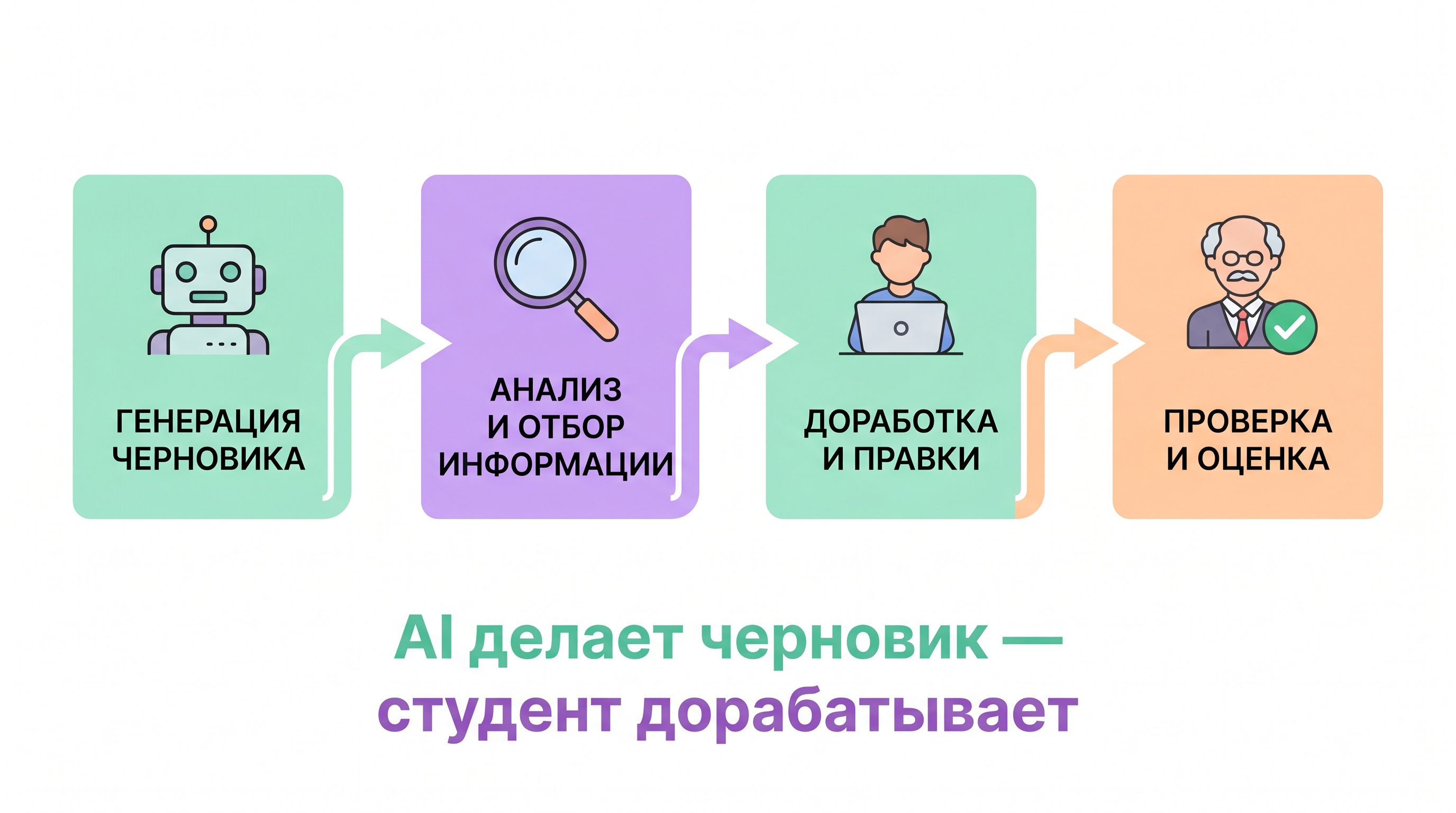 Гибридный воркфлоу: AI делает черновик, студент дорабатывает, научрук проверяет