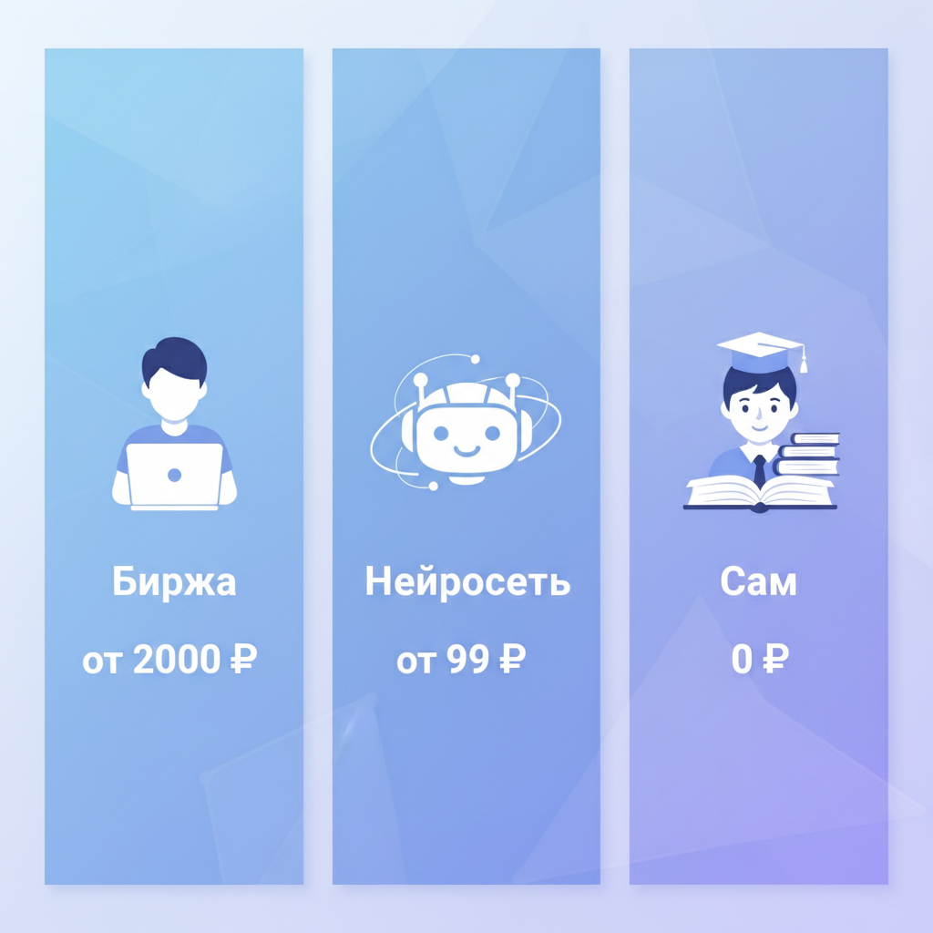 Сравнение стоимости: биржа от 2000 рублей, нейросеть от 99 рублей, сам 0 рублей