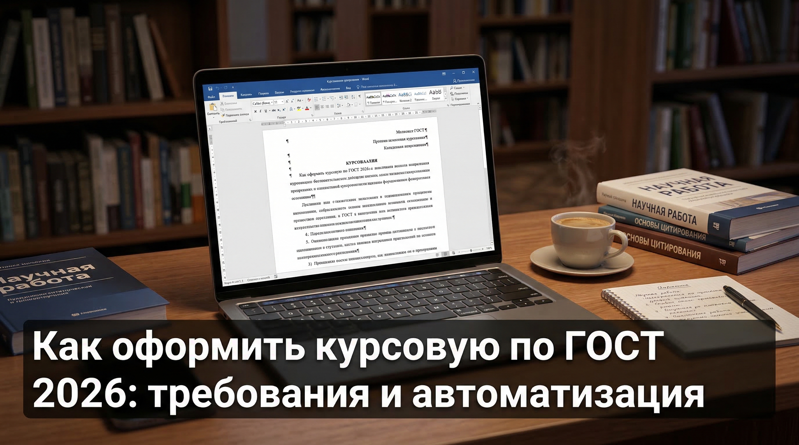 Как оформить курсовую по ГОСТ 2026 — ноутбук с документом Word на рабочем столе студента