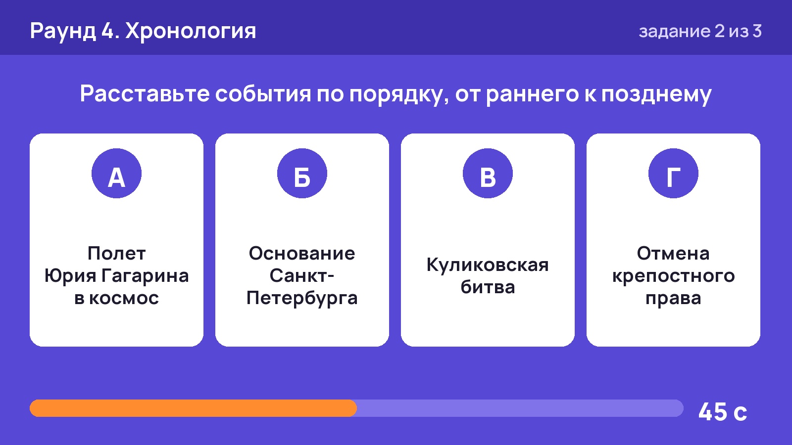 Слайд хронологического раунда: четыре события истории России для расстановки по порядку, таймер на 45 секунд