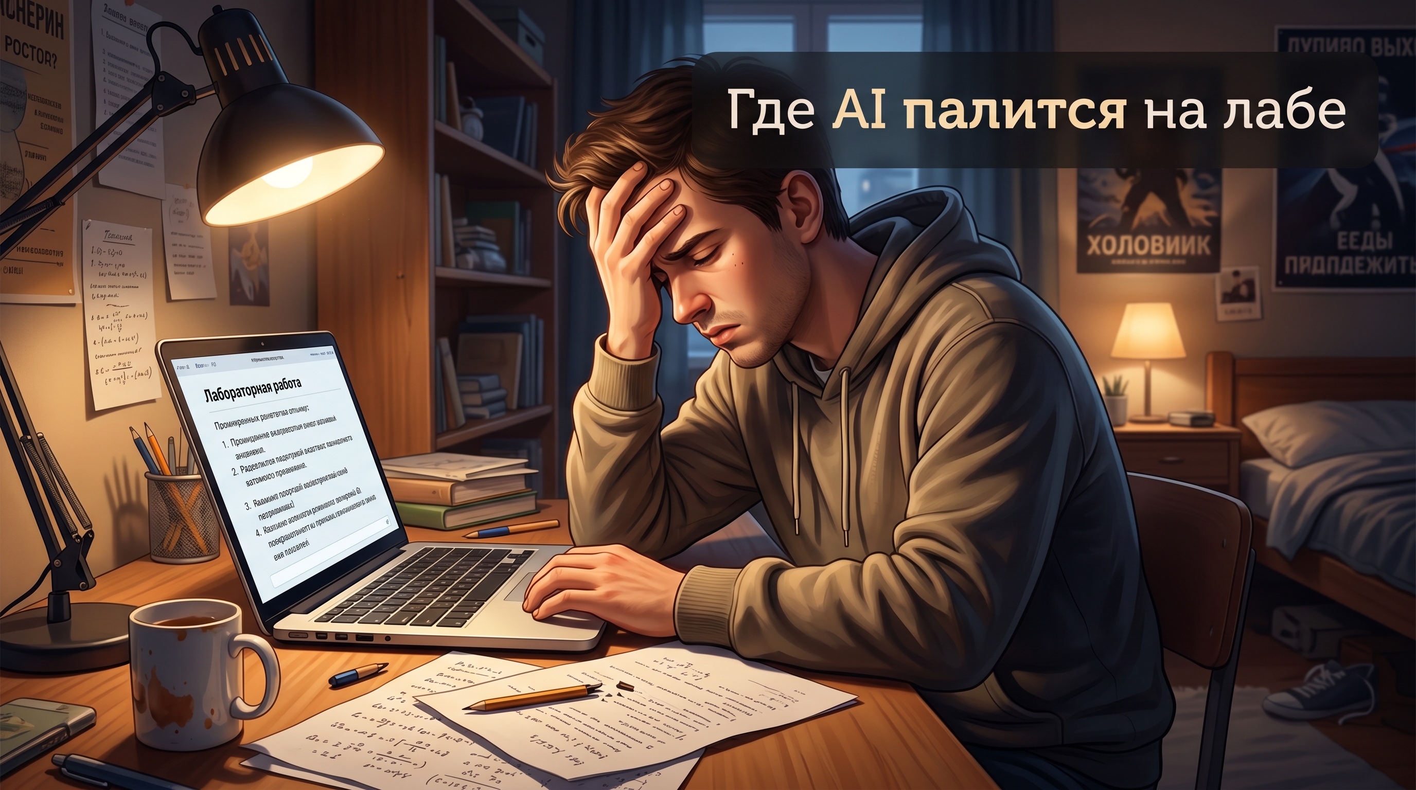 Студент в общаге держится за голову — AI выдал не те данные для лабы