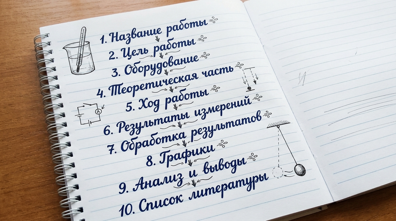 Структура отчёта по лабораторной работе — 10 пунктов от названия до списка литературы